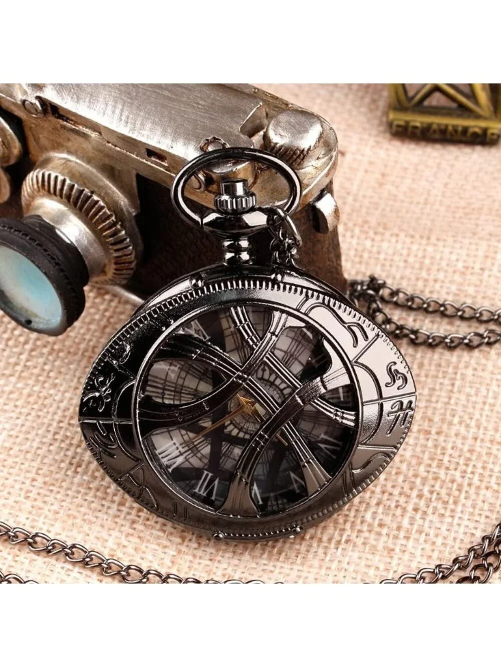 Mens Black Analog Quartz Skeleton Shape Pendant Necklace Round Case Pocket Watch